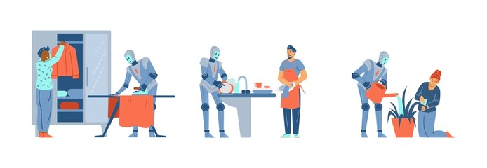 Robot helps people with housekeeping flat vector illustration isolated.