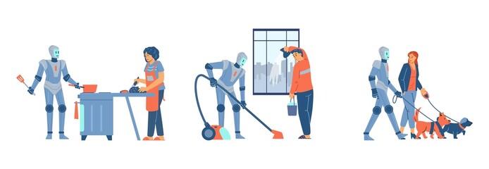Robot helps with housekeeping and pets care, flat vector illustration isolated.
