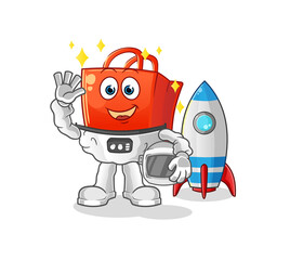 shopping bag astronaut waving character. cartoon mascot vector