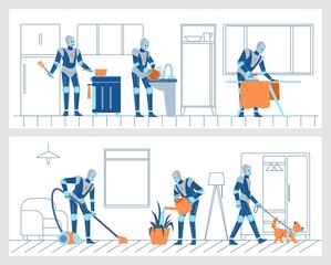 Robots help with housework, futuristic technologies cook, wash dishes, vacuum clean - flat vector illustration.