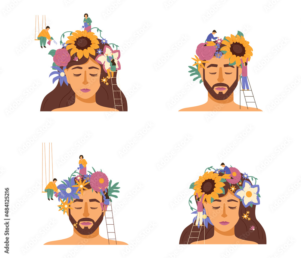 Wall mural Blooming flowers on peoples head, mental health abstract flat vector illustration isolated on white background.