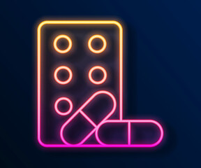 Glowing neon line Sports doping, anabolic drugs with dumbbell icon isolated on black background. Anabolic steroids tablet. Pills in jar. Vector