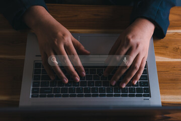 Technology Search Engine for Optimization Data Analysis Searching. Woman's Hands Using Laptop for...