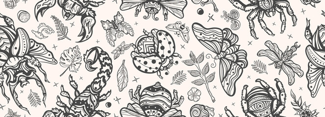 Fototapeta premium Stag beetle, bee, bumblebee, butterfly, snail, scorpion, ladybug, spider and dragonfly. Insects background. Old school tattoo vector seamless pattern