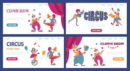 Circus and clown show advertising landing pages set, cartoon flat vector illustration.