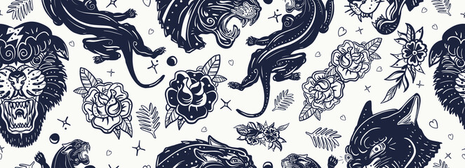Black panthers and roses flowers  seamless pattern. Traditional asian tattooing art. Tropical animals background. Old school tattoo style. Wild cats, red heart and palm leaves © intueri