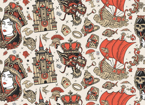 Fairy tales old school tattoo seamless pattern. Middle Ages magic legends art. Fantasy tattooing style background. Medieval castle, queen in the golden, crown, dragon, knight, sword and princess frog