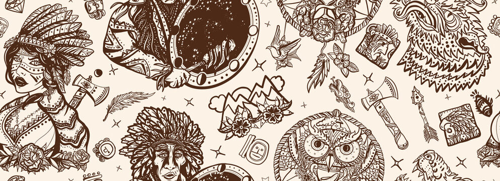 Native American Indian old school tattoo style. Tribal culture and history. Traditional tattooing art. Ethnic warrior girl, wolves, dream catcher. Seamless pattern