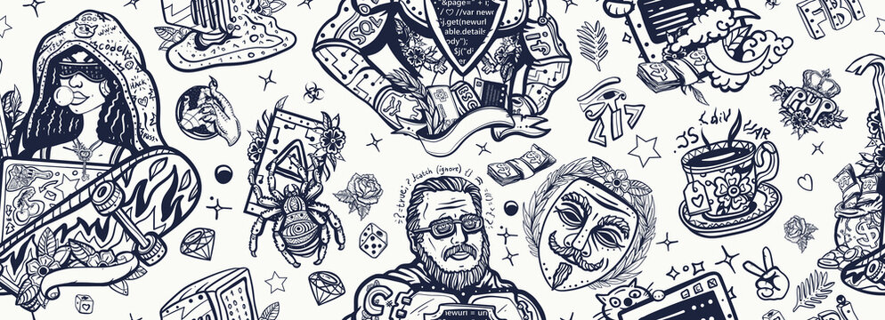 Superman programmer and African American woman hacker. web software development background. Programming and hacking. Anonymous mask, night coding, dark Internet, cybercrime. Old school tattoo pattern