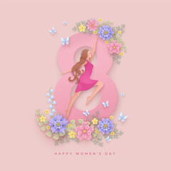 Womens day greeting card with woman and flowers