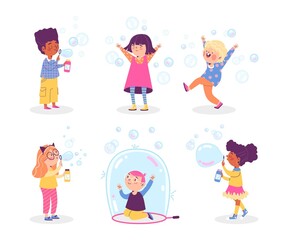 Cute kids playing with soap bubbles, set of vector cartoon characters illustration isolated on white background.