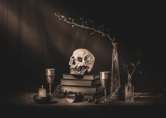 martwa natura z książkami i czaszką na ciemnym tle © Henryk Niestrój