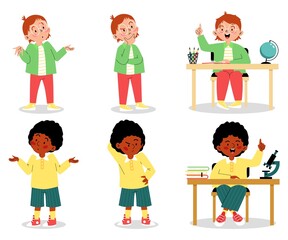 Set of pensive thinking kids characters flat vector illustration isolated.