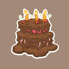 Birthday chocolate cake hand drawn, vector illustration