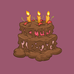 Birthday chocolate cake hand drawn, vector illustration
