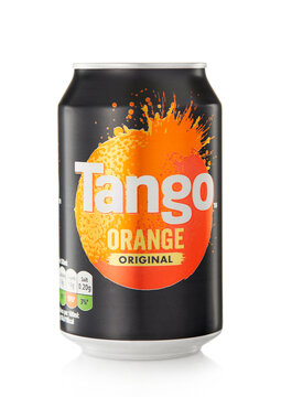 LONDON,UK - JANUARY 22, 2022: Tango Orange original soft soda drink on white background.