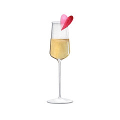 Glass of champagne with a heart. A glamorous drink for Valentine's Day. Watercolor illustration on isolated background for Love Party.