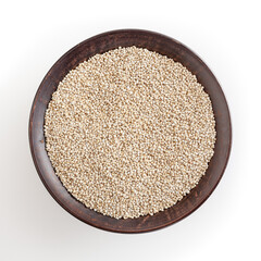 Dried white quinoa seeds in ceramic bowl isolated on white background with clipping path
