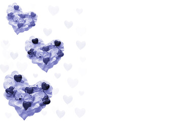Three lilac hearts with birds and flowers on a white background. Valentine's Day card. Very Peri Color of the Year 2022. copy space.