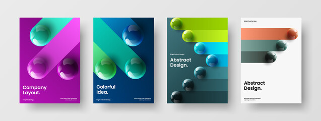 Geometric journal cover A4 design vector concept collection. Bright 3D balls handbill template bundle.