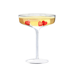 A glass of champagne with decorative red hearts at the bottom of the glass. A glamorous drink for Valentine's Day. Watercolor illustration on isolated background for Love Party.