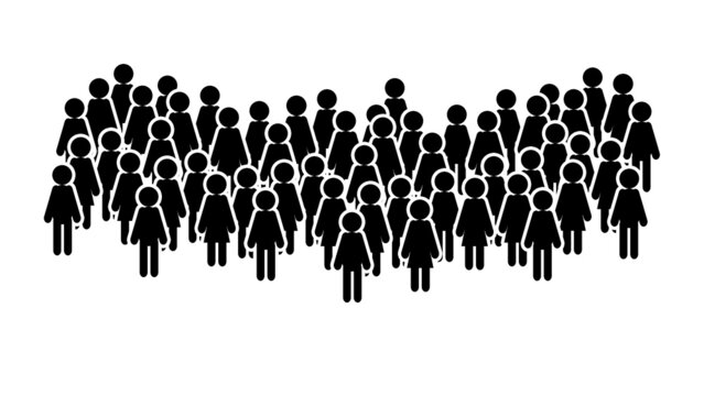 Crowd of man and woman, black icons isolated on white background