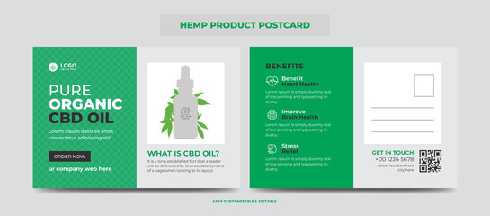 Hemp or CBD product postcard. Cannabis sativa product sale or promotion postcard design template