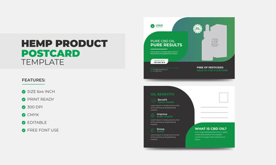 Hemp or CBD product postcard. Cannabis sativa product sale or promotion postcard design template