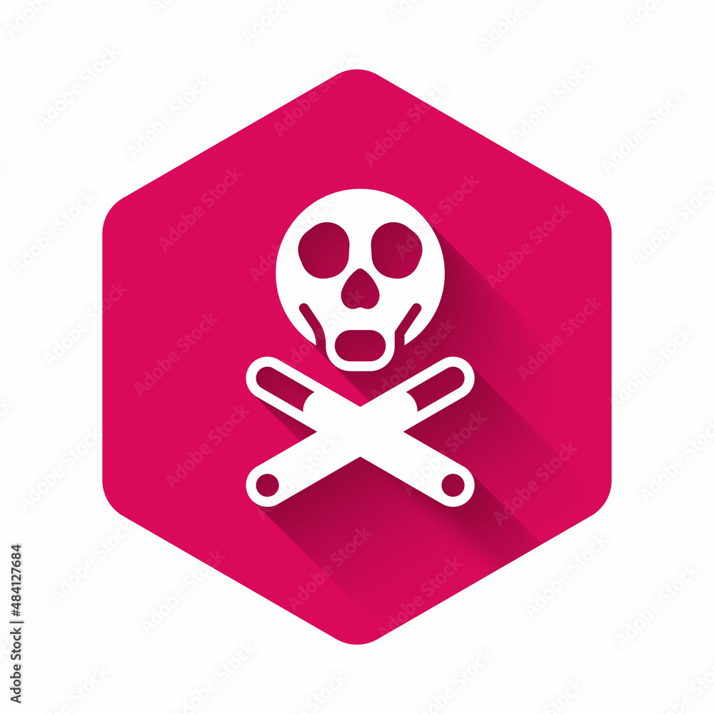 Poster white bones and skull as a sign of toxicity warning icon isolated with long shadow background. pink 