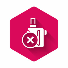 White Electronic cigarette icon isolated with long shadow background. Vape smoking tool. Vaporizer Device. Pink hexagon button. Vector