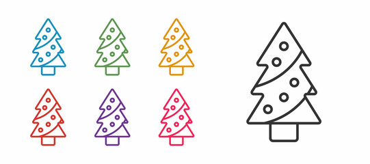 Set line Christmas tree with decorations icon isolated on white background. Merry Christmas and Happy New Year. Set icons colorful. Vector