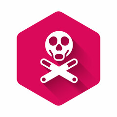 White Bones and skull as a sign of toxicity warning icon isolated with long shadow background. Pink hexagon button. Vector