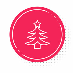 White line Christmas tree icon isolated on white background. Merry Christmas and Happy New Year. Red circle button. Vector