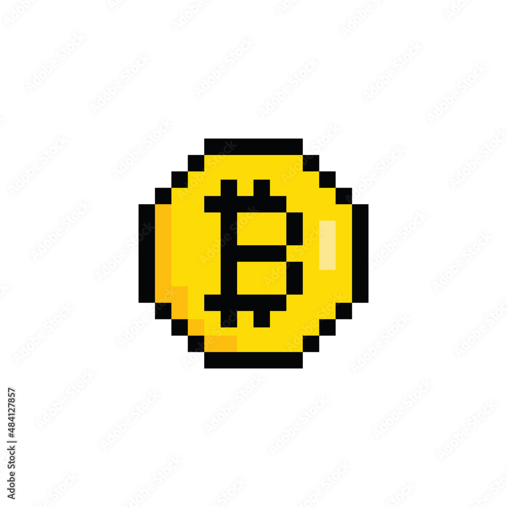 Aufkleber pixel art Bitcoin vector  icon golden coin pixel element for 8 bit game