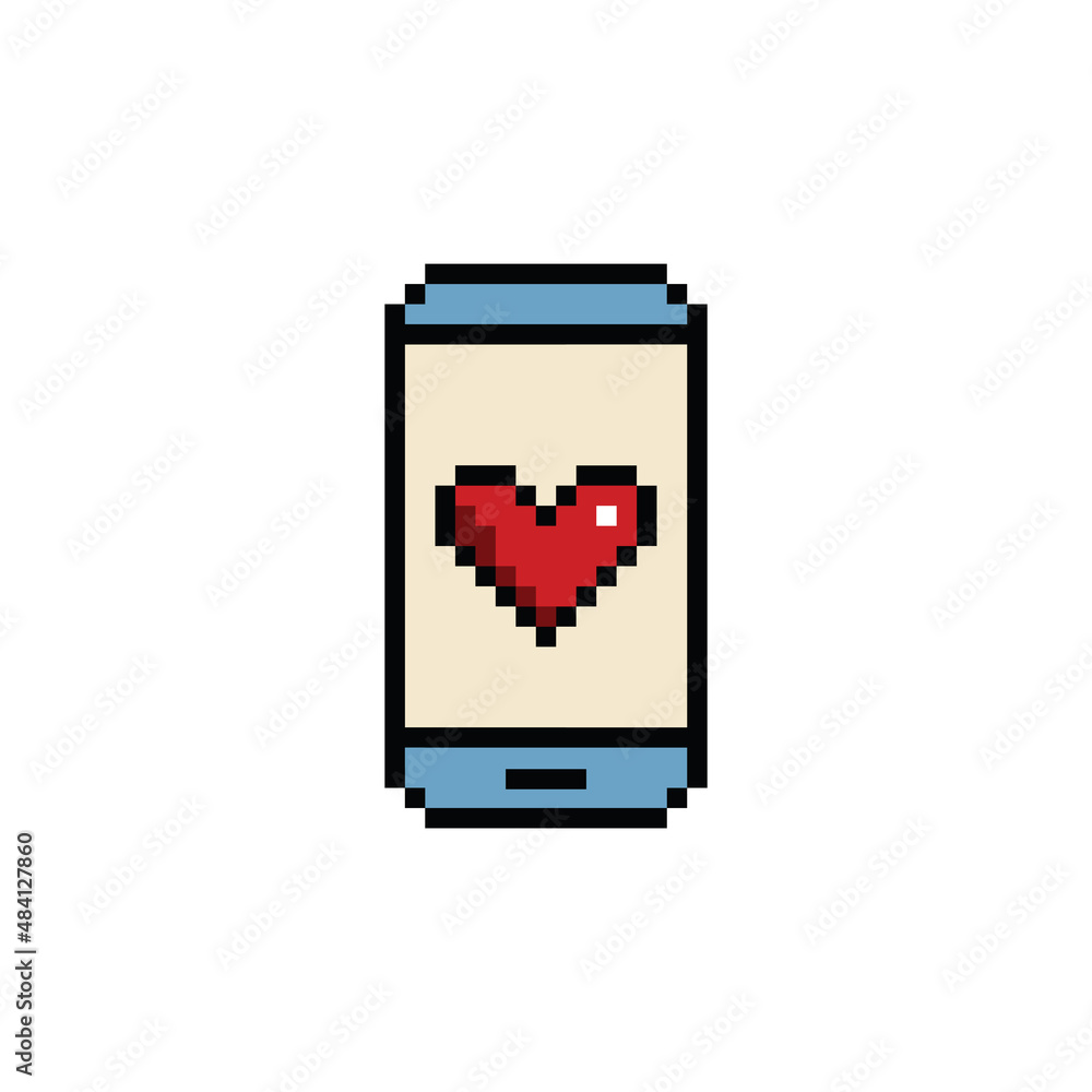 Poster pixel art smartphone and heart vector icon smart phone pixel element for 8 bit game