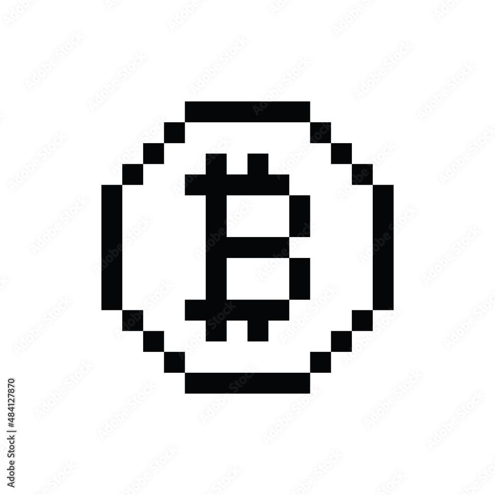 Aufkleber pixel art Bitcoin vector  icon golden coin pixel element for 8 bit game