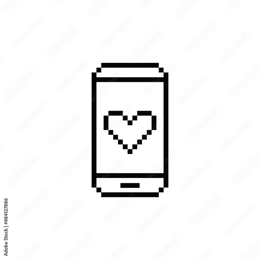 Poster pixel art smartphone and heart vector icon smart phone pixel element for 8 bit game