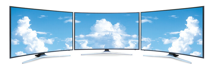 Curved TV 4K flat screen lcd or oled, plasma realistic, White blank HD monitor mockup, Modern video...