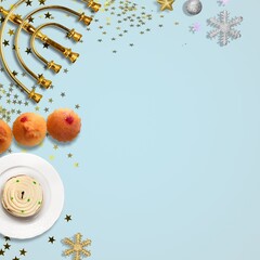 Religion image of jewish holiday Hanukkah background with menorah and food