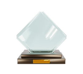 Glass award trophy or winner prize on wooden pedestal, front view. Mockup blank crystal plate or clear diamond acrylic frame, rhombus cup isolated on white background. Realistic illustration 3d render