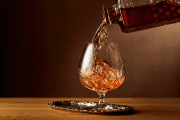 Brandy is poured into a snifter glass.