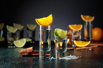 Tequila shots on a black background.