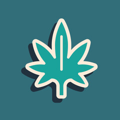 Green Medical marijuana or cannabis leaf icon isolated on green background. Hemp symbol. Long shadow style. Vector