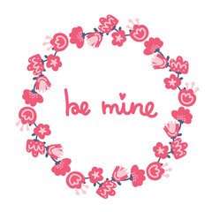 Valentine's day illustration in hand drawn style. Floral frame with lettering