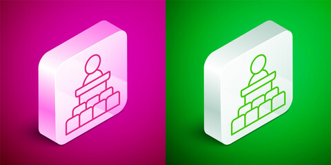 Isometric line Speaker icon isolated on pink and green background. Orator speaking from tribune. Public speech. Person on podium. Silver square button. Vector