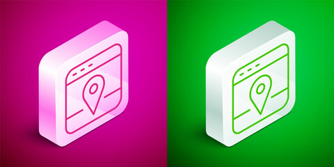 Isometric line Infographic of city map navigation icon isolated on pink and green background. Mobile App Interface concept design. Geolacation concept. Silver square button. Vector