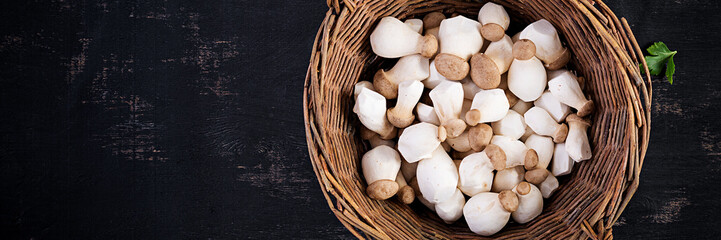 Raw king oyster mushrooms Pleurotus eryngii in basket on a dark background. Top view, banner