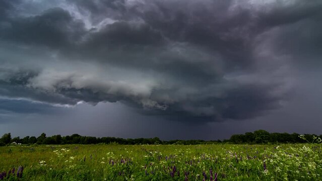 Dark storm clouds, supercell storm in Lithuania, Europe, climate change concept