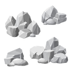 Rocks and debris of the mountain. granite cobbles, boulders on white background. heap of cobblestones. gray stones of various shapes. cartoon style vector illustration. for games ui or graphic design.