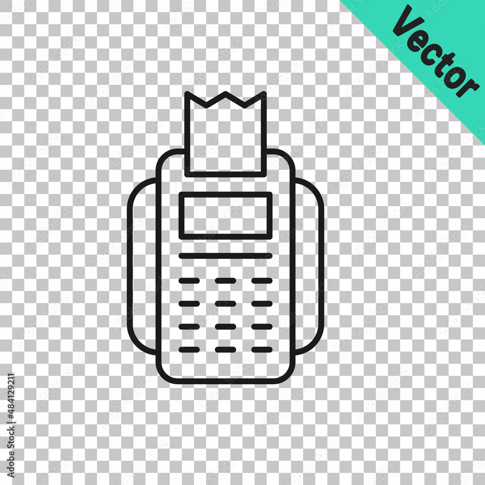 Poster black line pos terminal with inserted credit card and printed reciept icon isolated on transparent b